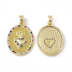 Brass Micro Pave Cubic Zirconia Pendants, Oval with Sacred Heart Charm, Mexican Milagro Flaming Holy Heart Pendant, Real 18K Gold Plated, 23.5x17.5x2mm, Hole: 2.5x5mm(KK-E068-VC043)