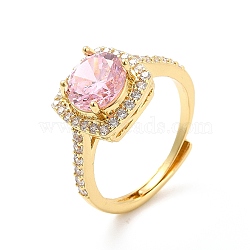 Pink Cubic Zirconia Rectangle Adjustable Ring, Rack Plating Brass Jewelry for Women, Cadmium Free & Lead Free, Golden, US Size 6 1/2(16.9mm)(RJEW-E064-01G-01)
