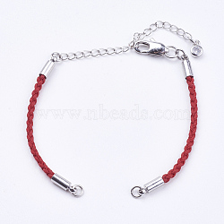 Braided Cotton Cord Bracelet Making, with Brass Lobster Claw Clasps and Extender Chains, with Rhinestone, Platinum, Red, 5-3/8 inch~5-1/2 inch(13.5~14cm), 3mm, Hole: 2mm(MAK-I006-22P)