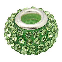 Resin Rhinestone Beads, with Silver Color Brass Double Cores, Grade A, Rondelle, Peridot, 10x7mm, Hole: 2.5mm(CPDL-H001-10x7mm-15)