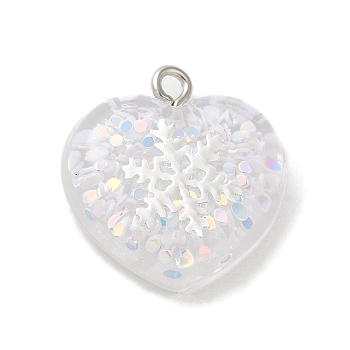 Acrylic Pendant, with Iron Findings, Glitter, Valentine Heart with Snowflake, White, 20.5x20x6.5mm, Hole: 2mm