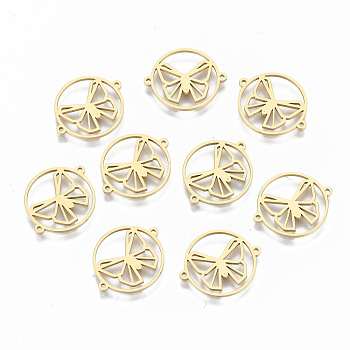 304 Stainless Steel Links Connectors, Laser Cut, Flat Round with Hollow Butterfly, Real 18K Gold Plated, 15x18x1mm, Hole: 0.8mm
