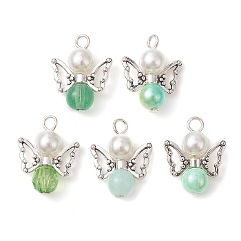 Imitation Pearl Acrylic Pendants, with Alloy Wings and Glass Beads, Angel, Lime Green, 23x18x3mm, Hole: 3mm