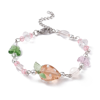 Strawberry Lampwork & Glass Butterfly Beaded Bracelets, with 304 Stainless Steel Chains, Colorful, 9 inch(22.8cm)