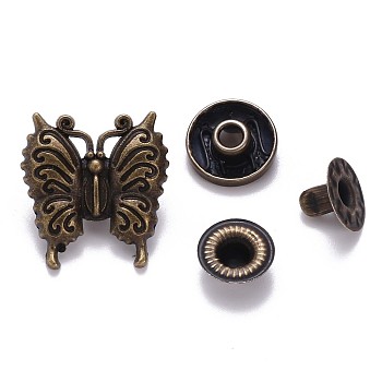 Brass Snap Buttons, Alloy Cap, Garment Buttons, Cadmium Free & Lead Free, Butterfly Shape, Antique Bronze, Cap: 20x19mm, Pin: 3mm, Stud: 10x4mm, knob: 4.5mm & 10x6.5mm, knob: 3.5mm, Socket: 12x4mm, half-drill: 5mm