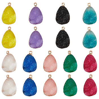Druzy Resin Pendants, with Edge Light Gold Plated Iron Loops, Teardrop, Mixed Color, 26.5x17x8.5mm, Hole: 1.8mm, 18pcs/box