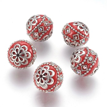Handmade Indonesia Beads, with Metal Findings, Round, Antique Silver, Red, 19.5x19mm, Hole: 1mm