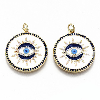 Brass Micro Pave Colorful Cubic Zirconia Pendants, with Jump Rings and Enamel, Nickel Free, Flat Round with Evil Eye, Real 16K Gold Plated, Colorful, 24x21.5x2.5mm, Jump Ring: 5x1mm, 3mm inner diameter