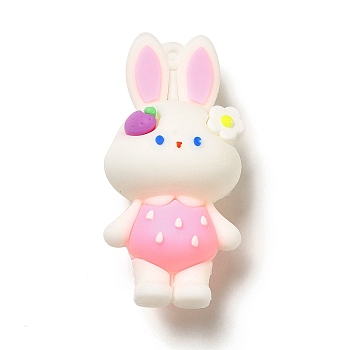 PVC Plastic Big Pendants, Rabbit with Strawberry & Flower Charm, Pink, 63.5x31x24mm, Hole: 2.7mm
