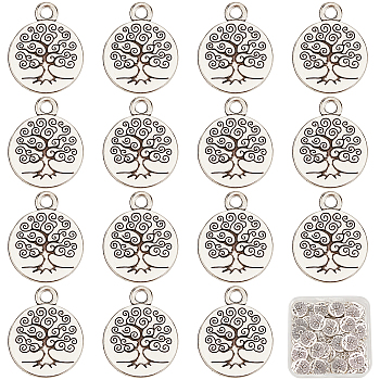 60Pcs Tibetan Style Alloy Flat Round with Tree of Life Pendants, Antique Silver, 19x15.2x2mm, Hole: 2.5mm