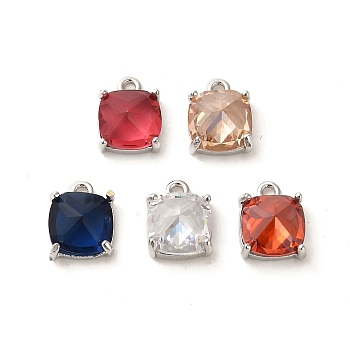 Glass Charms, with Brass Findings, Square Charm, Real Platinum Plated, 9x7x5mm, Hole: 1mm