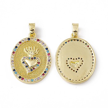 Brass Micro Pave Cubic Zirconia Pendants, Oval with Sacred Heart Charm, Mexican Milagro Flaming Holy Heart Pendant, Real 18K Gold Plated, 23.5x17.5x2mm, Hole: 2.5x5mm