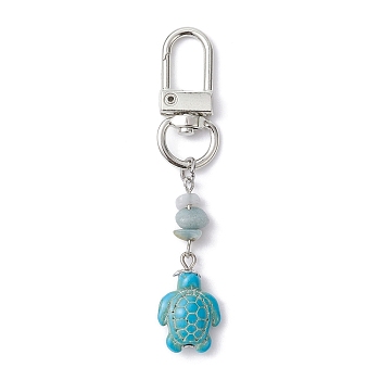 Sea Turtle Synthetic Turquoise Pendant Decoration, with Alloy Swivel Clasps and Natural Flower Amazonite Chips Beads, Platinum, 73mm