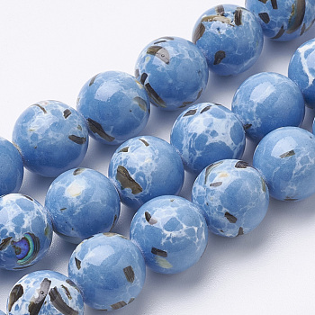 Assembled Synthetic Turquoise and Shell Beads Strands, Dyed, Round, Light Sky Blue, 12mm, Hole: 1.5mm, about 33pcs/strand, 15.7 inch