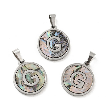304 Stainless Steel with Paua Shell Pendants, Stainless Steel Color, Flat Round with Letter Charm, Letter.G, 18x16x1.5mm, Hole: 3x6mm