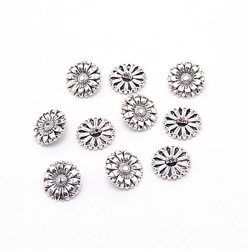 Alloy Buttons, 1-Hole, Flat Round with Flower, for Sewing Crafting, Antique Silver, 17.5x6.5mm, Hole: 2mm, 10pcs/bag