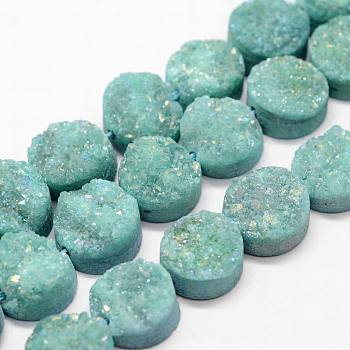 Electroplated Natural & Dyed Druzy Agate Bead Strands, Grade AB, Flat Round, Turquoise, 14x5~8mm, Hole: 1mm, about 14pcs/strand, 7.87 inch