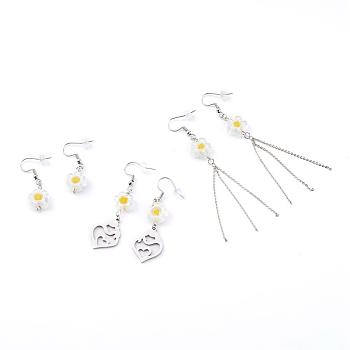 Millefiori Glass Flower Dangle Earrings Set, with 304 Stainless Steel Earring Hooks and Ear Nuts, Stainless Steel Color, 38mm, 62mm, 90mm, Pin: 0.7mm, 3 pairs/set