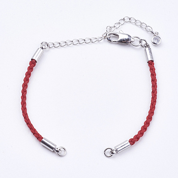 Braided Cotton Cord Bracelet Making, with Brass Lobster Claw Clasps and Extender Chains, with Rhinestone, Platinum, Red, 5-3/8 inch~5-1/2 inch(13.5~14cm), 3mm, Hole: 2mm