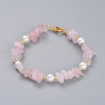 Natural Rose Quartz Chip Beaded Bracelets, with Shell Pearl Round Beads, Brass Beads and 304 Stainless Steel Lobster Claw Clasps, 7-1/4 inch(18.5cm)