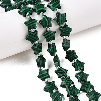 Dyed Synthetic Malachite Beads Strands, with Seed Beads, Faceted Star, 9~11x9~11x4~4.5mm, Hole: 1mm, about 16pcs/strand, 0.7~7.28''(17.5~18.5cm), bead: 3mm in diameter, 2mm thick, hole: 0.7~0.9mm