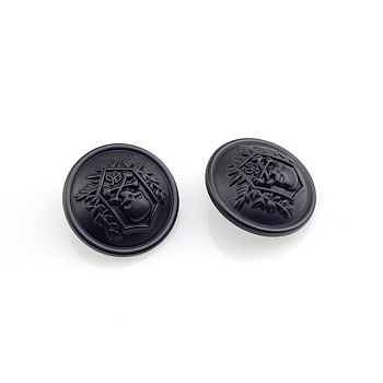 Alloy Shank Button, Flat Round with Skull, Matte Gunmetal Color, 23x11mm, Hole: 2mm