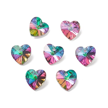 Faceted Glass Charms, Heart, Back Plated, Green, 14x14x7.5mm, Hole: 1.4mm