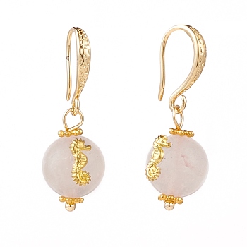 Natural Rose Quartz Dangle Earrings, with Brass Earring Hooks, Alloy Cabochons and Spacer Beads, Round with Sea Horse, Golden, 30x10mm, Pin: 1mm