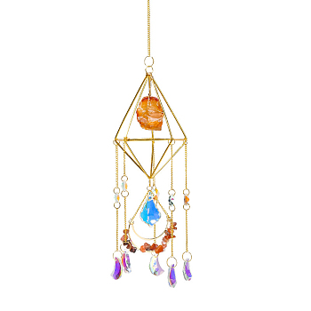 Golden Iron Wind Chime, with Natural Carnelian, Crystal, for Outside Yard and Garden Decoration, 450mm, Hole: 11mm