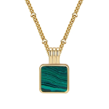 SHEGRACE Brass Pendant Necklaces, with Synthetic Malachite and Cable Chains, Square, Real 18K Gold Plated, 16.54 inch(42cm)