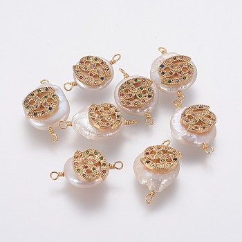 Natural Pearl Links connectors, with Brass Micro Pave Cubic Zirconia Findings, Flat Round with Constellation, Golden, Colorful, Cancer, 20~26x9~17x5~11mm, Hole: 1.6mm