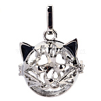 Rack Plating Brass Cage Hollow Kitten Pendants, Nickel Free, for Chime Ball Pendant Necklaces Making, Cat Heat Shape, Platinum, 26x25x25mm, Hole: 4x8mm, inner measure: 18mm(X-KK-S751-003P)