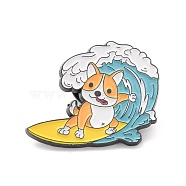 Dog Surfing Enamel Pin, Cute Animal Alloy Enamel Brooch for Backpack Clothes, Gunmetal, Sky Blue, 24x29x10mm, Pin: 1mm(JEWB-I015-21GU)
