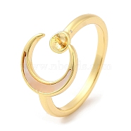 Moon Brass with Shell Open Cuff Ring Component, Ring Settings, For Half-drilled Beads, Real 18K Gold Plated, US Size 8 1/4(18.3mm), Pin: 0.8mm, moon: 12x13mm(KK-E055-03G-04)