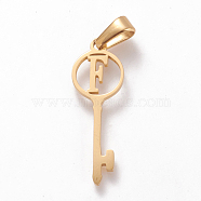 304 Stainless Steel Initial Pendants, Large Hole Pendants, Key with Letter, Golden, Letter.F, 25x8.5x1mm, Hole: 6x2.5mm(STAS-D019-09F-G)
