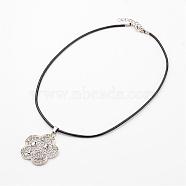 Flower Alloy Rhinestone Pendant Necklaces, with Waxed Cord and Lobster Claw Clasps, Platinum, 17.5inches(NJEW-F197-36)
