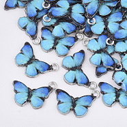 Printed Alloy Pendants, with Enamel, Butterfly, Platinum, Deep Sky Blue, 13.5x20x2mm, Hole: 1.6mm(PALLOY-R111-15A)