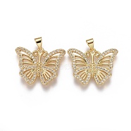 Brass Micro Pave Cubic Zirconia Pendants, Butterfly, Clear, Real 18K Gold Plated, 19x25x2mm, Hole: 3.5x5mm(ZIRC-F115-21G)