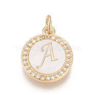 Brass Micro Pave Cubic Zirconia Pendants, with Shell, Long-Lasting Plated, Lead Free & Cadmium Free & Nickel Free, Real 18K Gold Plated, Flat Round with Letter, Clear, Letter.A, 16x13.5x3mm, Hole: 3mm(ZIRC-L078-043A-NR)