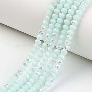 Electroplate Opaque Solid Color Glass Beads Strands, Half Rainbow Plated, Faceted, Rondelle, Light Cyan, 8x6mm, Hole: 1mm, about 65~68pcs/strand, 15.7~16.1 inch(40~41cm)(EGLA-A034-P8mm-L09)