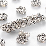 Brass Rhinestone Spacer Beads, Grade A, Wavy Edge, Platinum Metal Color, Rondelle, Crystal, 6x3mm, Hole: 1mm(RB-A014-L6mm-01P)