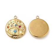 Vacuum Plating 201 Stainless Steel with Colorful Rhinestone Pendants, Flat Round with Evil Eye Charms, Real 18K Gold Plated, 17.5x15x3.5mm, Hole: 1.2mm(STAS-J401-VC810)