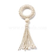 Ring Macrame Cotton Cord Pendant Decorations, with Natural Wood Beads, Antique White, 165mm(HJEW-JM00752)