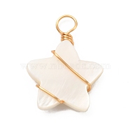Natural Freshwater Shell Pendants, with Real 18K Gold Plated Eco-Friendly Copper Wire, Star, Creamy White, 24x18x4mm, Hole: 4mm(X-PALLOY-JF01038)