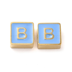 304 Stainless Steel Enamel Beads, Real 14K Gold Plated, Square with Letter, Letter B, 8x8x4mm, Hole: 2mm(STAS-L022-293G-B)