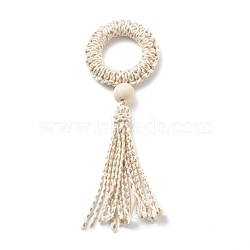 Ring Macrame Cotton Cord Pendant Decorations, with Natural Wood Beads, Antique White, 165mm(HJEW-JM00752)