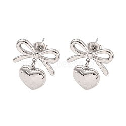 Non-Tarnish Bowknot 304 Stainless Steel Stud Earrings, Heart Dangle Earrings for Women, Stainless Steel Color, 23x19mm(EJEW-R164-01P)