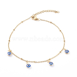 Evil Eye Lampwork Charm Anklets, with 304 Stainless Steel Satellite Chains, Golden, Blue, 9-3/4 inch(24.7cm)(AJEW-AN00421-02)