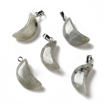 Natural Labradorite Pendants, Moon Charms, with Platinum Tone Brass Findings, 25~25.5x12x5.5mm, Hole: 6x2.5mm