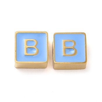 304 Stainless Steel Enamel Beads, Real 14K Gold Plated, Square with Letter, Letter B, 8x8x4mm, Hole: 2mm